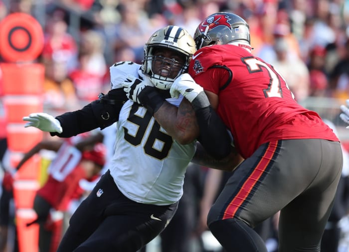 New Orleans Saints defensive end Carl Granderson (96) rushes against Tampa Bay Buccaneers offensive tackle Tristan Wirfs (78). Mandatory Credit: Kim Klement Neitzel-USA TODAY Sports